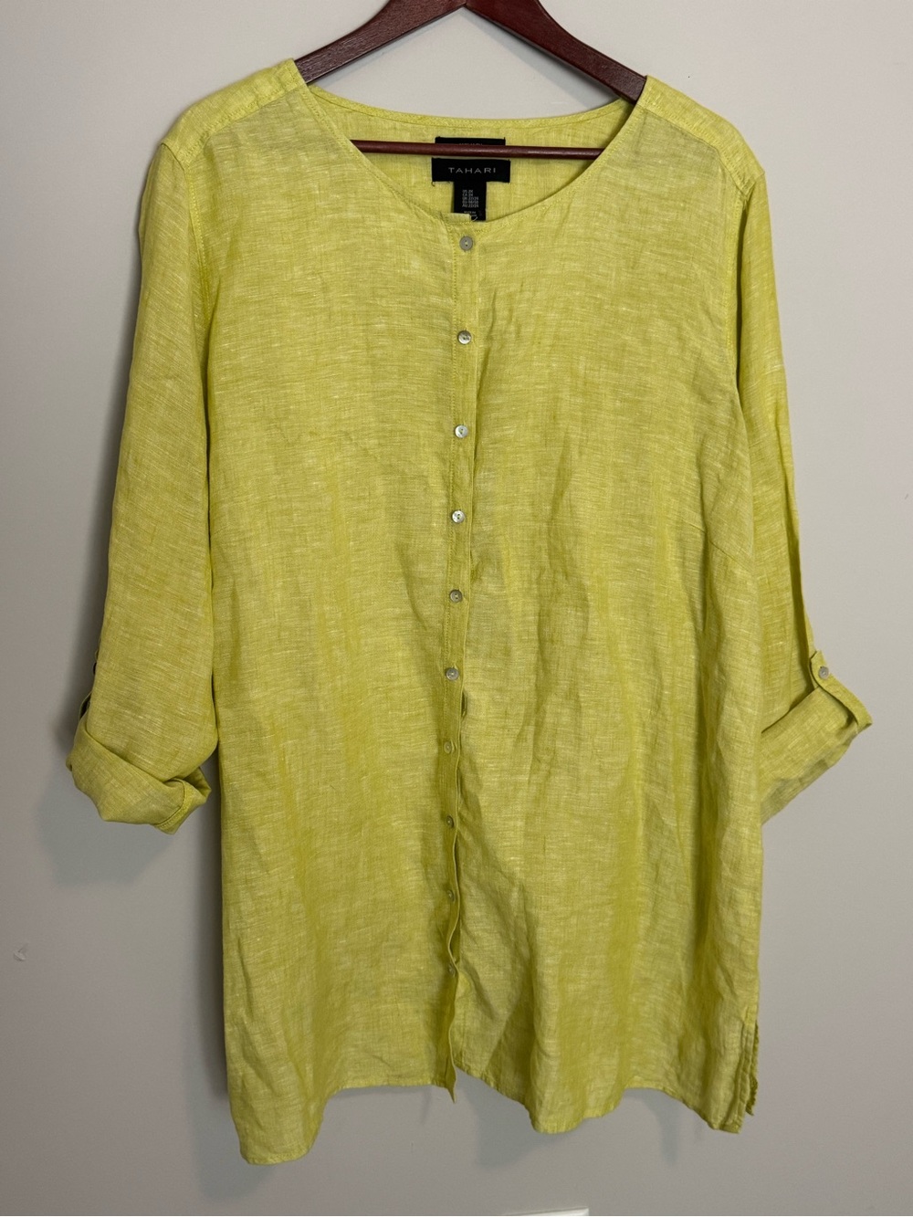 Tahari lime yellow linen button up tunic shirt  women 2X coastal lagenlook boho